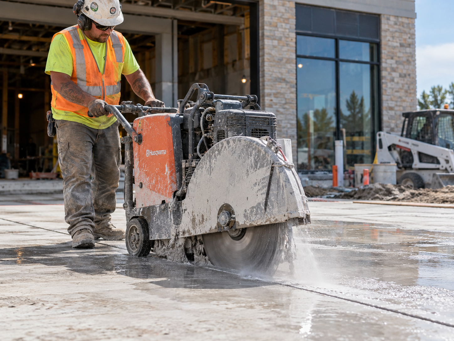 Operator cutting a wet concrete slab with a walk-behind floor saw in Dallas-Fort Worth