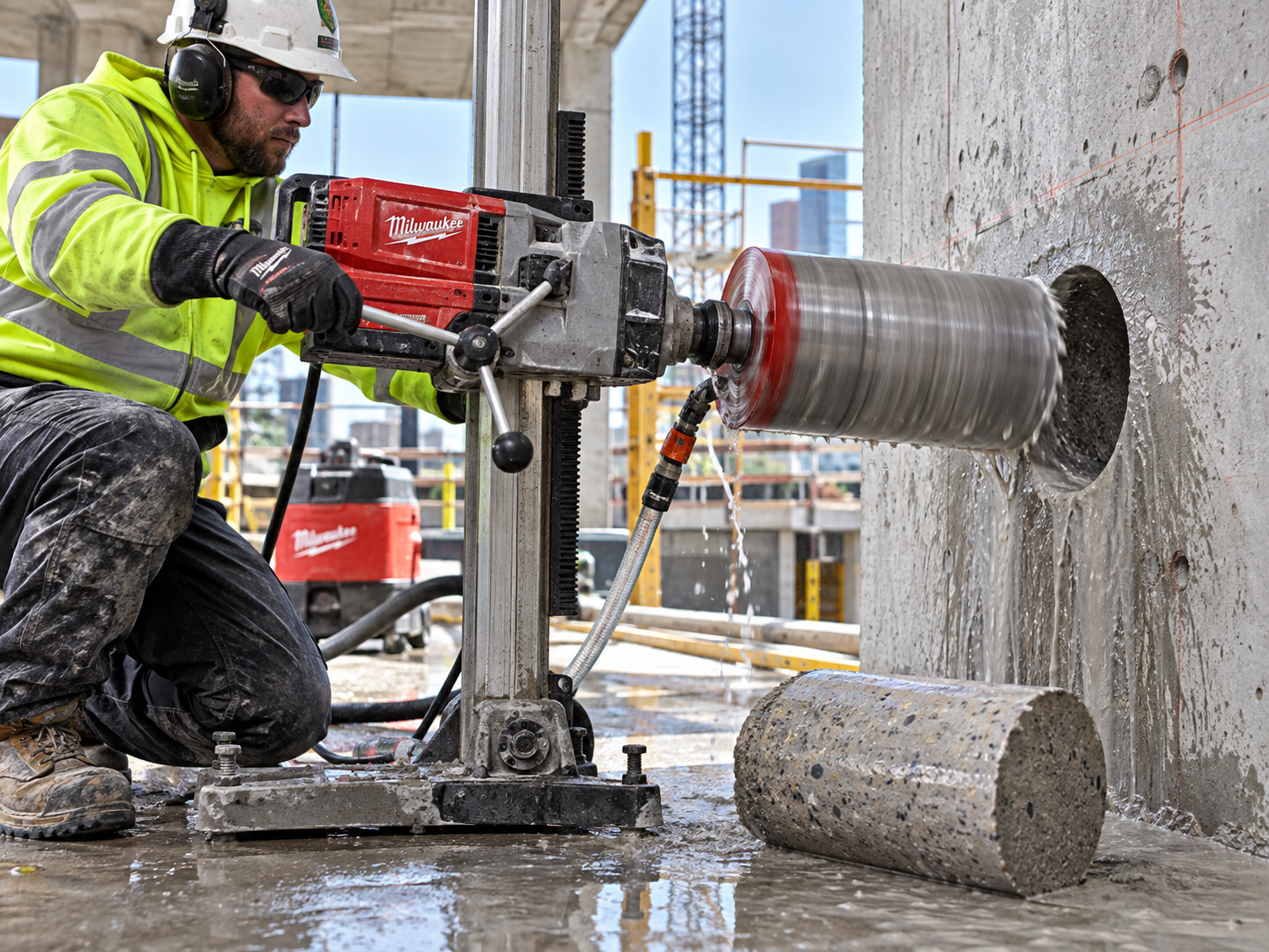 Operator core drilling a structural concrete wall on a Dallas construction site